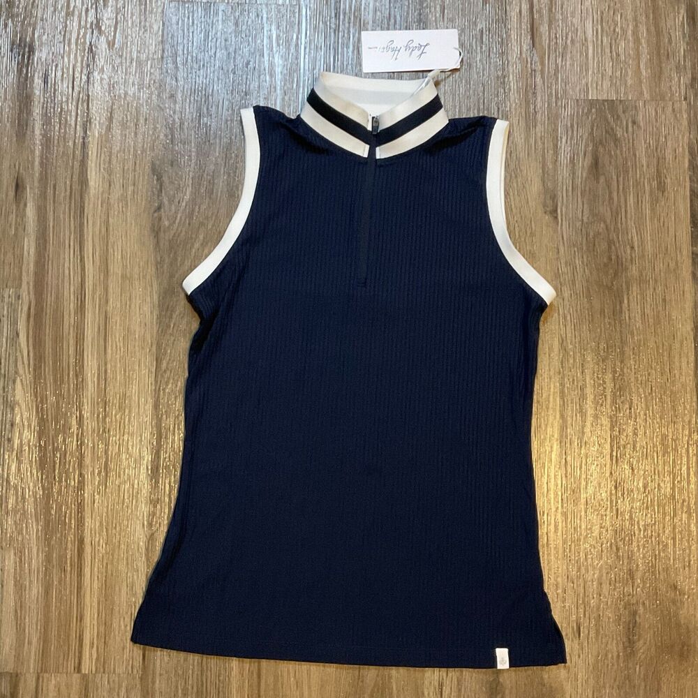 New Lady Hagen Sleeveless Golf Polo Navy Blue Ribbed Quarter 1/4 Zip Size‎ Small